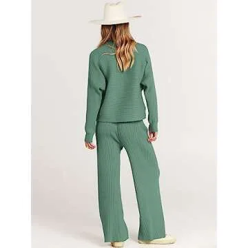 ANRABESS Women's Two Piece Outfits Crop Top Wide Leg Pants Cozy Knit Sweater Lounge Sets 2024 Fall Trendy Travel Clothes Gray Green X-Large