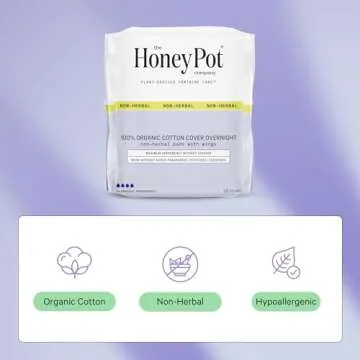 The Honey Pot Company - Pads for Women - Non-Herbal Overnight Pads w/Wings - Organic Cotton Cover, & Ultra-Absorbent Pulp Core - Sanitary Pads for Women - Feminine Care - FSA & HSA Eligible - 12 ct