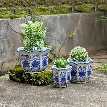 HakkaGirl Blue and White Porcelain, Flower Pots, Chinese Ceramic Planters for Indoor Decorative -Set of 3