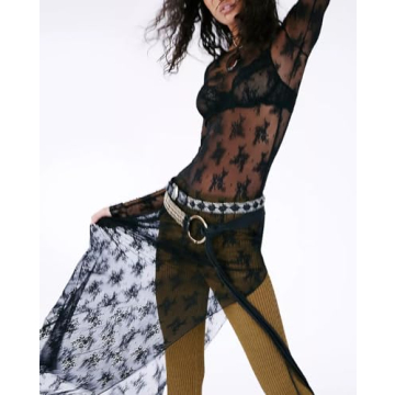 Women Y2k Lace Floral Maxi Dress Long Sleeve See Through