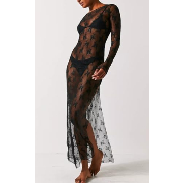 Women Y2k Lace Floral Maxi Dress Long Sleeve See Through