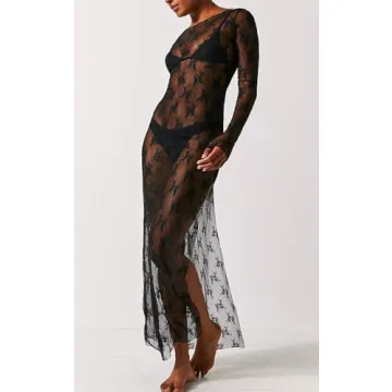 Women Y2k Lace Floral Maxi Dress Long Sleeve See Through