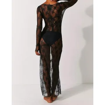 Women Y2k Lace Floral Maxi Dress Long Sleeve See Through