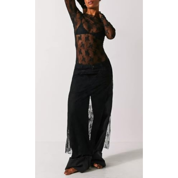Women Y2k Lace Floral Maxi Dress Long Sleeve See Through