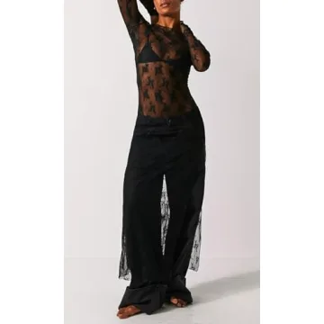 Women Y2k Lace Floral Maxi Dress Long Sleeve See Through