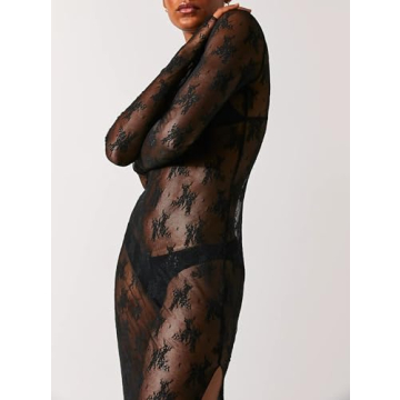 Women Y2k Lace Floral Maxi Dress Long Sleeve See Through