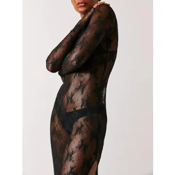 Women Y2k Lace Floral Maxi Dress Long Sleeve See Through