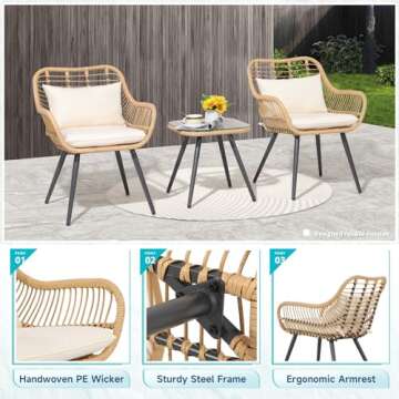 Verano Garden 3 Pieces Patio Bistro Set, Outdoor Wicker Conversation Chair Sets Balcony Furniture,Coffee Table with Glass Top, Cushions & Lumbar Pillows for Porch, Backyard, Deck, Poolside