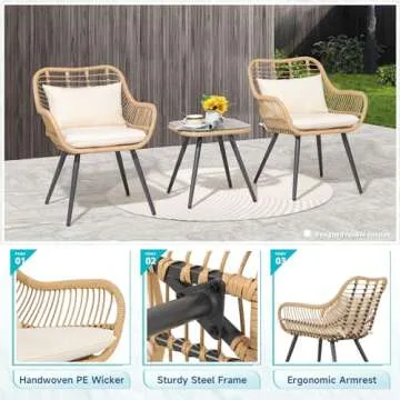 Verano Garden 3 Pieces Patio Bistro Set, Outdoor Wicker Conversation Chair Sets Balcony Furniture,Coffee Table with Glass Top, Cushions & Lumbar Pillows for Porch, Backyard, Deck, Poolside