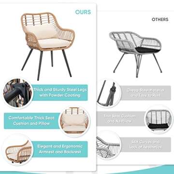 Verano Garden 3 Pieces Patio Bistro Set, Outdoor Wicker Conversation Chair Sets Balcony Furniture,Coffee Table with Glass Top, Cushions & Lumbar Pillows for Porch, Backyard, Deck, Poolside