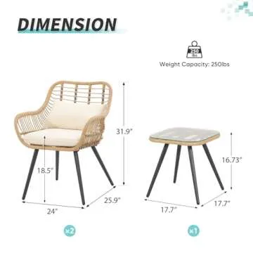 Verano Garden 3 Pieces Patio Bistro Set, Outdoor Wicker Conversation Chair Sets Balcony Furniture,Coffee Table with Glass Top, Cushions & Lumbar Pillows for Porch, Backyard, Deck, Poolside