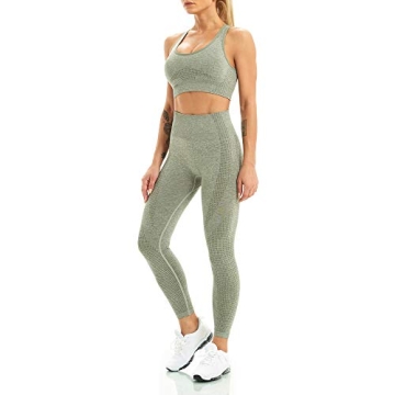 WodoWei Women 2 Piece Workout Outfits Sports Bra Seamless Leggings Yoga Gym Activewear Set (YO601-khaki grey marl-M)