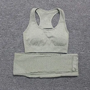 WodoWei Women 2 Piece Workout Outfits Sports Bra Seamless Leggings Yoga Gym Activewear Set (YO601-khaki grey marl-M)