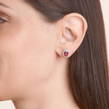 Amazon Essentials Sterling Silver Created Ruby and White Sapphire Halo Oval Stud Earrings