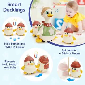 HOLA Baby Toys 6-12 Months Musical Dancing Duck Toy Set with Mama and Baby Tummy Time Toys, Crawling and Interaction Modes 1 Year Old Girl Boy Baby Easter Gifts Stocking Stuffers