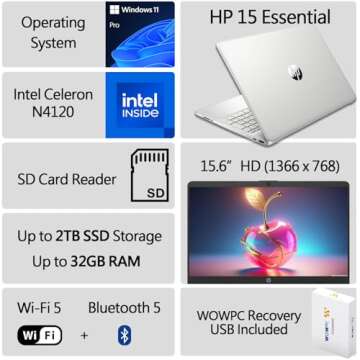 HP Latest 15" Laptop: Intel Celeron N4120, 32GB RAM, 1TB SSD, 15.6" HD Display, Windows 11 Pro, Rene...