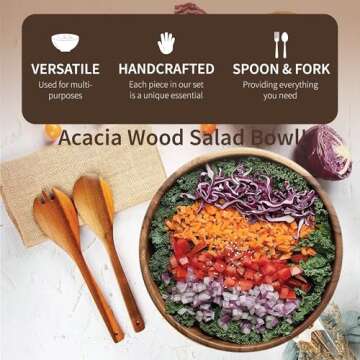 Wooden Salad Bowl Set | Acacia Wood Individual Salad Bowl | 3PCs Set of 7.5" D x 2.8" H with Spoon & Fork | Countertop Fruit Bowl | Decorative Cereal Bowls