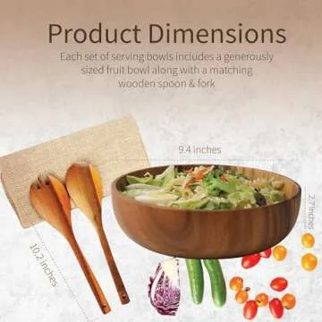Wooden Salad Bowl Set | Acacia Wood Individual Salad Bowl | 3PCs Set of 7.5" D x 2.8" H with Spoon & Fork | Countertop Fruit Bowl | Decorative Cereal Bowls