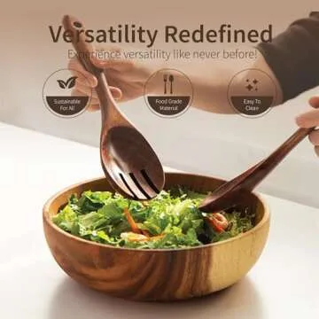 Wooden Salad Bowl Set | Acacia Wood Individual Salad Bowl | 3PCs Set of 7.5" D x 2.8" H with Spoon & Fork | Countertop Fruit Bowl | Decorative Cereal Bowls