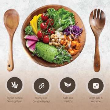 Wooden Salad Bowl Set | Acacia Wood Individual Salad Bowl | 3PCs Set of 7.5" D x 2.8" H with Spoon & Fork | Countertop Fruit Bowl | Decorative Cereal Bowls