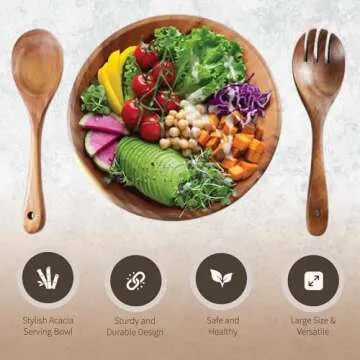 Wooden Salad Bowl Set | Acacia Wood Individual Salad Bowl | 3PCs Set of 7.5" D x 2.8" H with Spoon & Fork | Countertop Fruit Bowl | Decorative Cereal Bowls