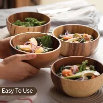 Wooden Salad Bowl Set | Acacia Wood Individual Salad Bowl | 3PCs Set of 7.5" D x 2.8" H with Spoon & Fork | Countertop Fruit Bowl | Decorative Cereal Bowls