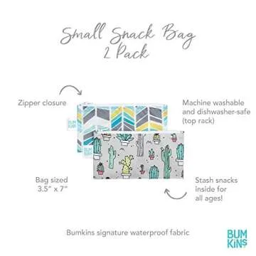 Bumkins Reusable Snack Bags, for Kids School Lunch and for Adults Portion, Washable Fabric, Waterproof Cloth Zip Bag, Supplies Travel Pouch, Food-Safe Storage, 2-pk Cactus and Quill