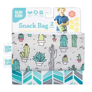 Bumkins Reusable Snack Bags, for Kids School Lunch and for Adults Portion, Washable Fabric, Waterproof Cloth Zip Bag, Supplies Travel Pouch, Food-Safe Storage, 2-pk Cactus and Quill