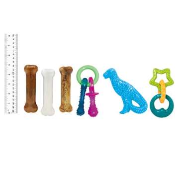 Nylabone New Puppy Starter Kit, 5 Chew Toys and 1 Natural Treat for Puppies, Multi Color, Bacon & Chicken Flavor, Small - Up to 25 lbs, 6 Pack
