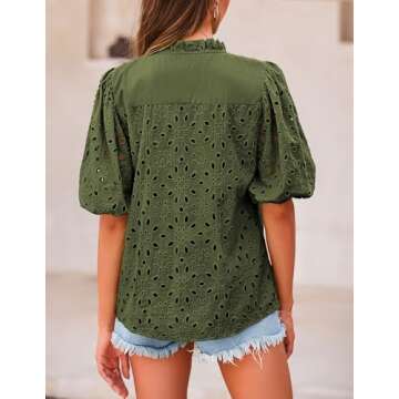 PRETTYGARDEN Women's Summer Tops 2025 Dressy Casual Short Sleeve V Neck Buttons Hollow Out Lace Embr...