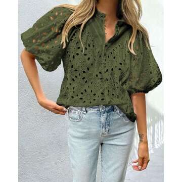 PRETTYGARDEN Women's Summer Tops 2025 Dressy Casual Short Sleeve V Neck Buttons Hollow Out Lace Embroidered Blouses Shirts (Army Green,Medium)