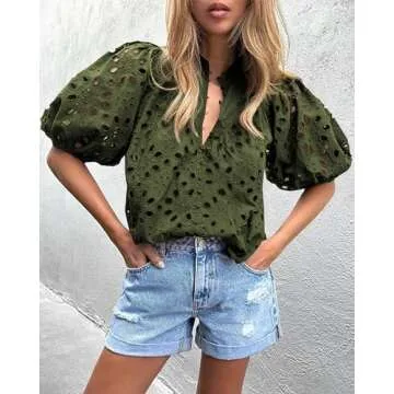PRETTYGARDEN Women's Summer Tops 2025 Dressy Casual Short Sleeve V Neck Buttons Hollow Out Lace Embroidered Blouses Shirts (Army Green,Medium)