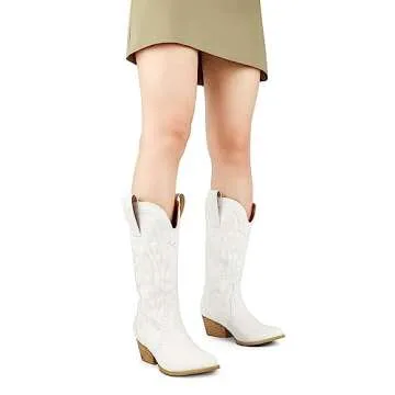 Zzheels Women Mid-calf Cowboy Boots Pointy Toe Boots Embroidered Western Cowgirl Boots Chunky Heels White Matte US6.5
