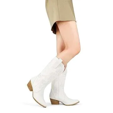 Zzheels Women Mid-calf Cowboy Boots Pointy Toe Boots Embroidered Western Cowgirl Boots Chunky Heels White Matte US6.5