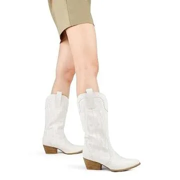 Zzheels Women Mid-calf Cowboy Boots Pointy Toe Boots Embroidered Western Cowgirl Boots Chunky Heels White Matte US6.5