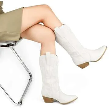 Zzheels Women Mid-calf Cowboy Boots Pointy Toe Boots Embroidered Western Cowgirl Boots Chunky Heels White Matte US6.5