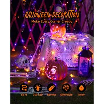 66FT Purple & Orange Halloween Lights, 200 LED Halloween Fairy String Lights with 8 Modes, Plug in O...