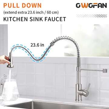 OWOFAN Kitchen Faucet Low Lead Commercial Solid Brass Single Handle Single Lever Pull Out Pull Down Sprayer Spring Kitchen Sink Faucet, Brushed Nickel Kitchen Faucets 866053SN