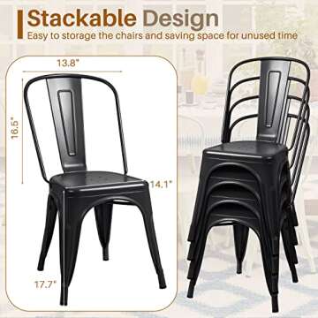 Furmax Metal Dining Chair Indoor-Outdoor Use Stackable Classic Trattoria Chair Chic Dining Bistro Cafe Side Metal Chairs Set of 4 (Black)