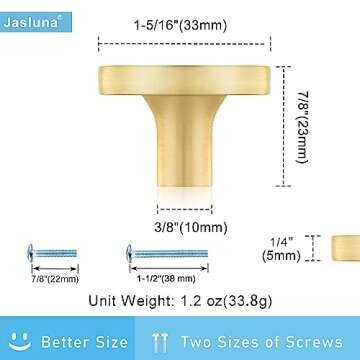 Jasluna Pearl Gold Knobs for Dresser Drawers, 12-Pack Brushed Brass Cabinet Knobs Pulls, 1-1/4-Inch knobs for Kitchen Bathroom, Decorative Furniture Hardware