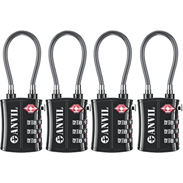 ANVIL TSA Approved Luggage Locks - Re-settable 3-Digit Combination Cable Lock with Alloy Body, Keyle...
