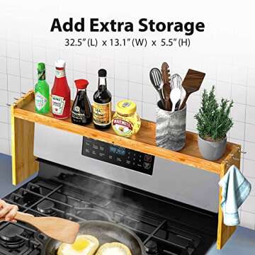 IIIOIIIA Bamboo Over the Stove Spice Shelf for Kitchen, 31.5" Spice Rack Organizer Shelf with 6 hook...