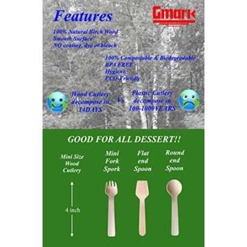 Gmark 4" Mini Wooden Spoons 100 ct, Biodegradable Compostable Birchwood (100pcs/bag) GM1042A