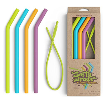 Softy Straws Wide Premium Reusable Silicone Drinking Straws + Patented Straw Squeegee - 9” Long Wi...