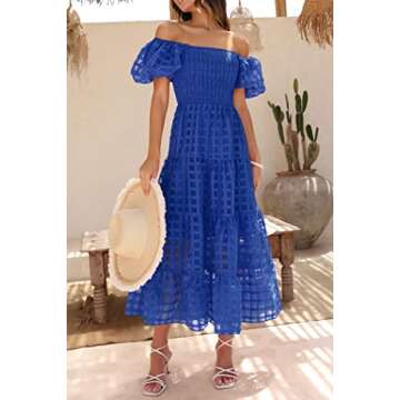 PRETTYGARDEN Women's Casual Summer Dress Puffy Short Sleeve Square Neck Smocked Tiered A Line Maxi Long Dresses (Plaid Blue,Small)