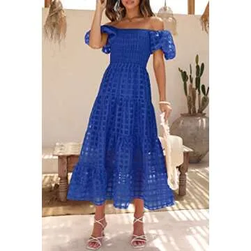 PRETTYGARDEN Women's Casual Summer Dress Puffy Short Sleeve Square Neck Smocked Tiered A Line Maxi Long Dresses (Plaid Blue,Small)