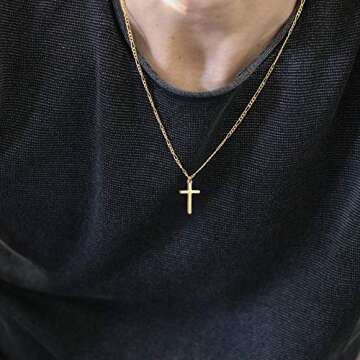 Cross Necklace for Men Polished 14K Gold Filled Stainless Steel Plain Cross Pendant Figaro Chain Nec...