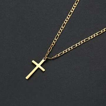 Cross Necklace for Men Polished 14K Gold Filled Stainless Steel Plain Cross Pendant Figaro Chain Necklace Simple Religious Jewelry Gift for Women 16 Inches
