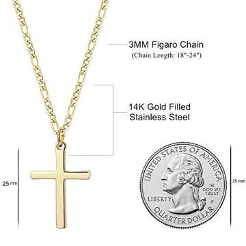 Cross Necklace for Men Polished 14K Gold Filled Stainless Steel Plain Cross Pendant Figaro Chain Necklace Simple Religious Jewelry Gift for Women 16 Inches
