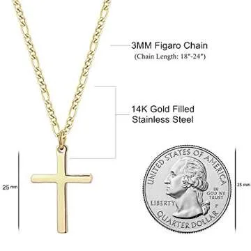 Cross Necklace for Men Polished 14K Gold Filled Stainless Steel Plain Cross Pendant Figaro Chain Necklace Simple Religious Jewelry Gift for Women 16 Inches